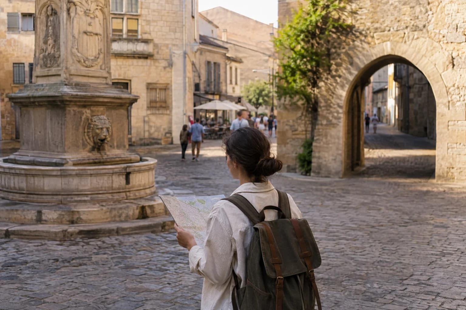 A traveler looking toward a stone fountain and an archway while holding a map
