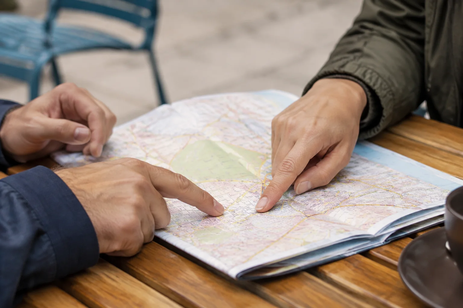 Two people pointing to locations on an unfolded street map