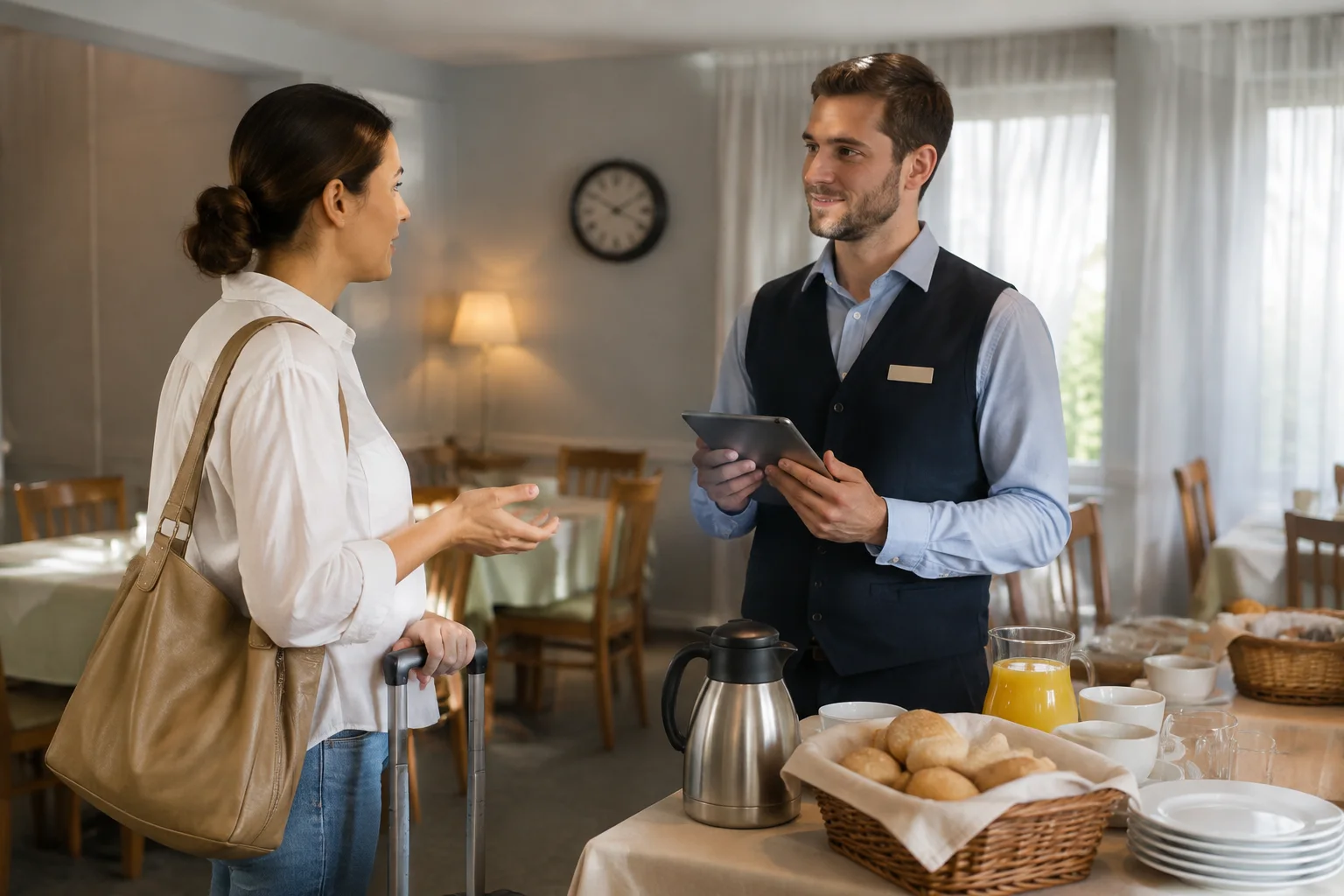 A guest asking a staff member a question beside a hotel breakfast buffet