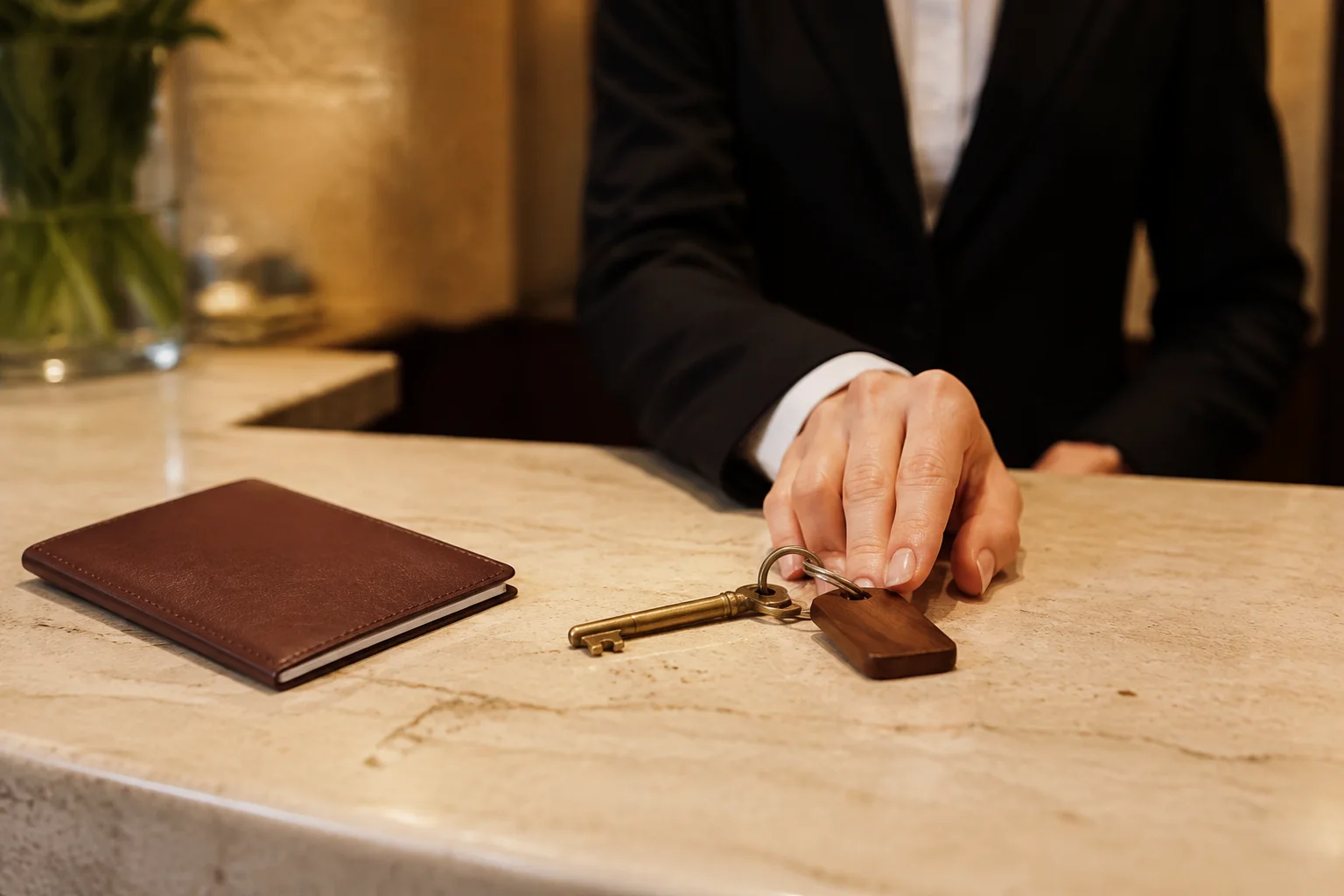 A receptionist's hand beside a hotel key and closed document holder