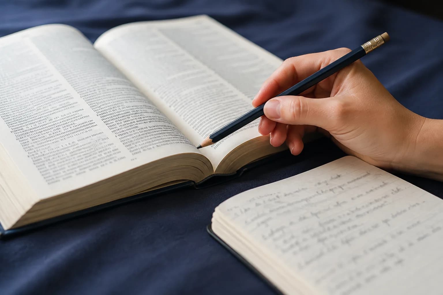 A learner consulting an open reference book beside a notebook