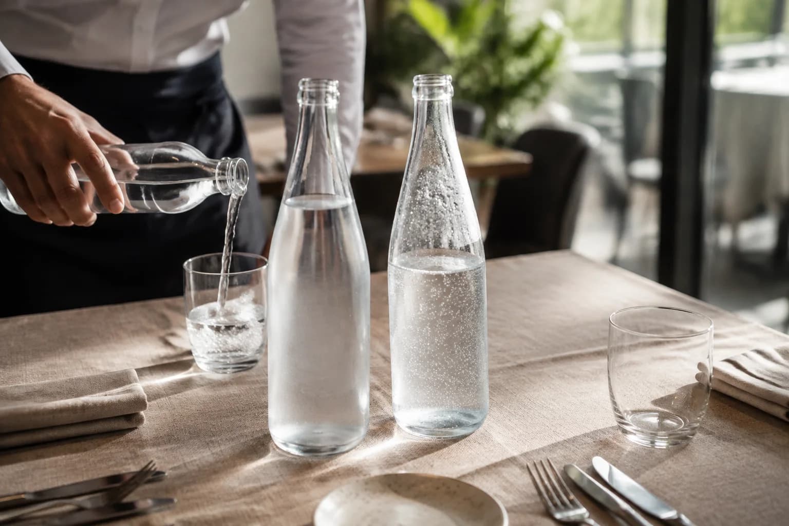 A server pouring water beside still and sparkling water bottles