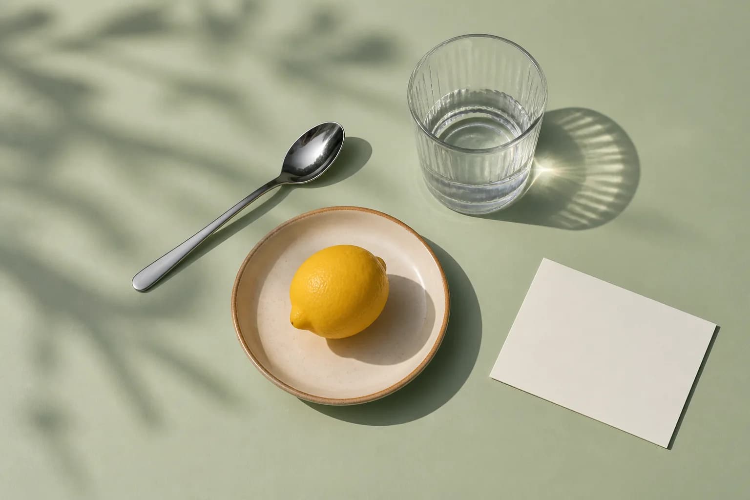 A lemon, glass of water, spoon, and blank card on a pale green table