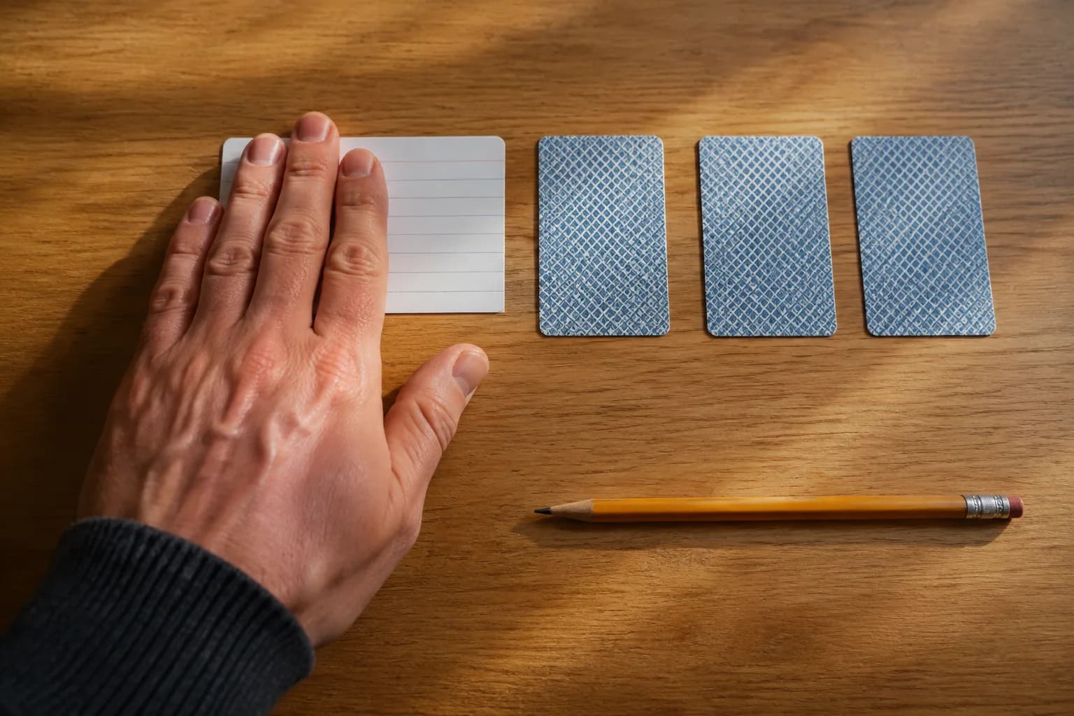 A learner covering an answer card beside several face-down review cards