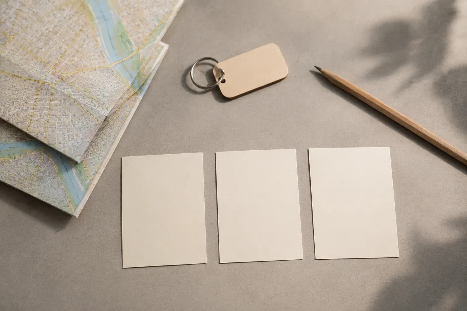 A room key, map, pencil, and three blank cards arranged on a desk