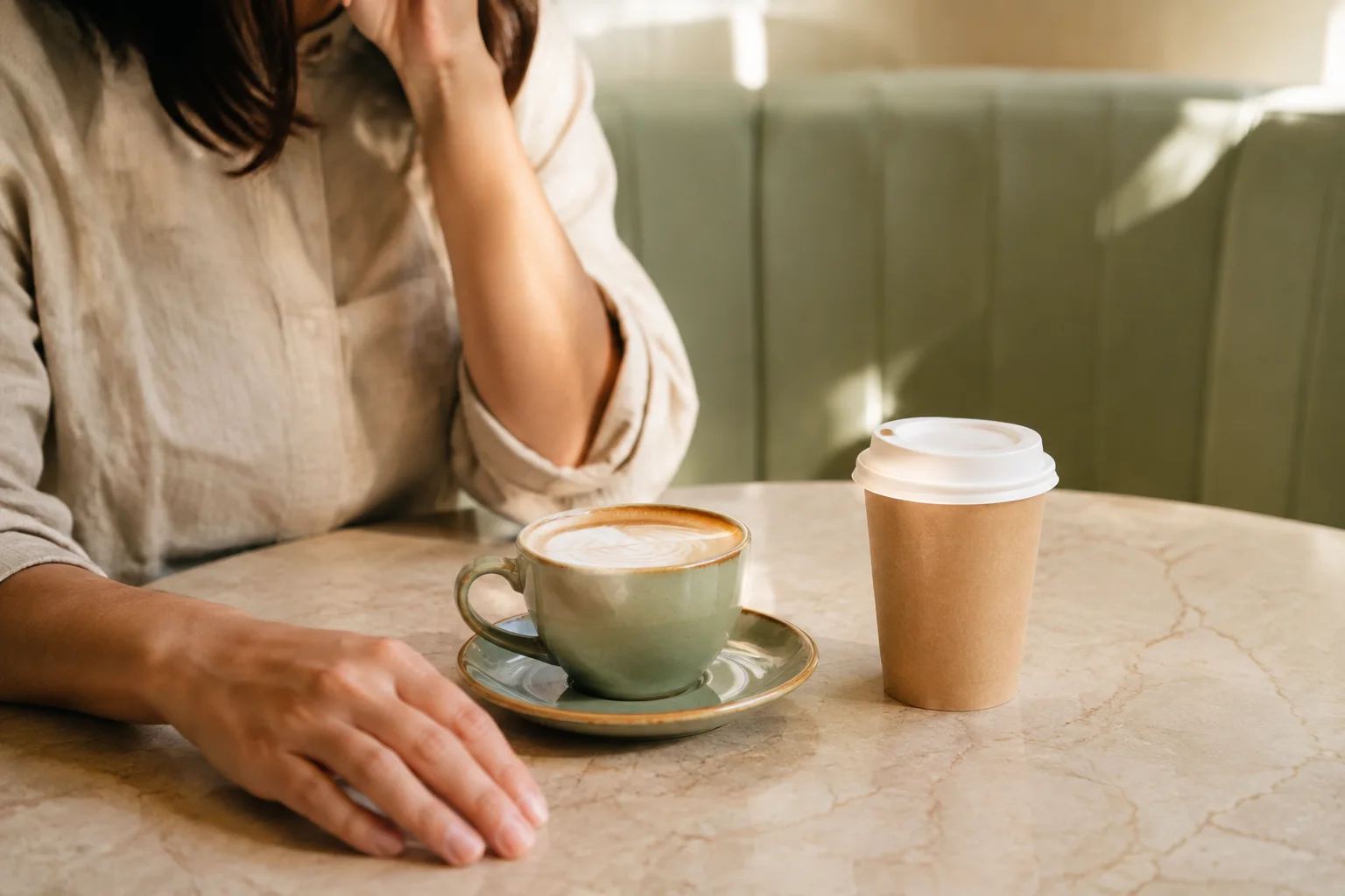 A ceramic coffee cup and a plain takeaway cup on a café table