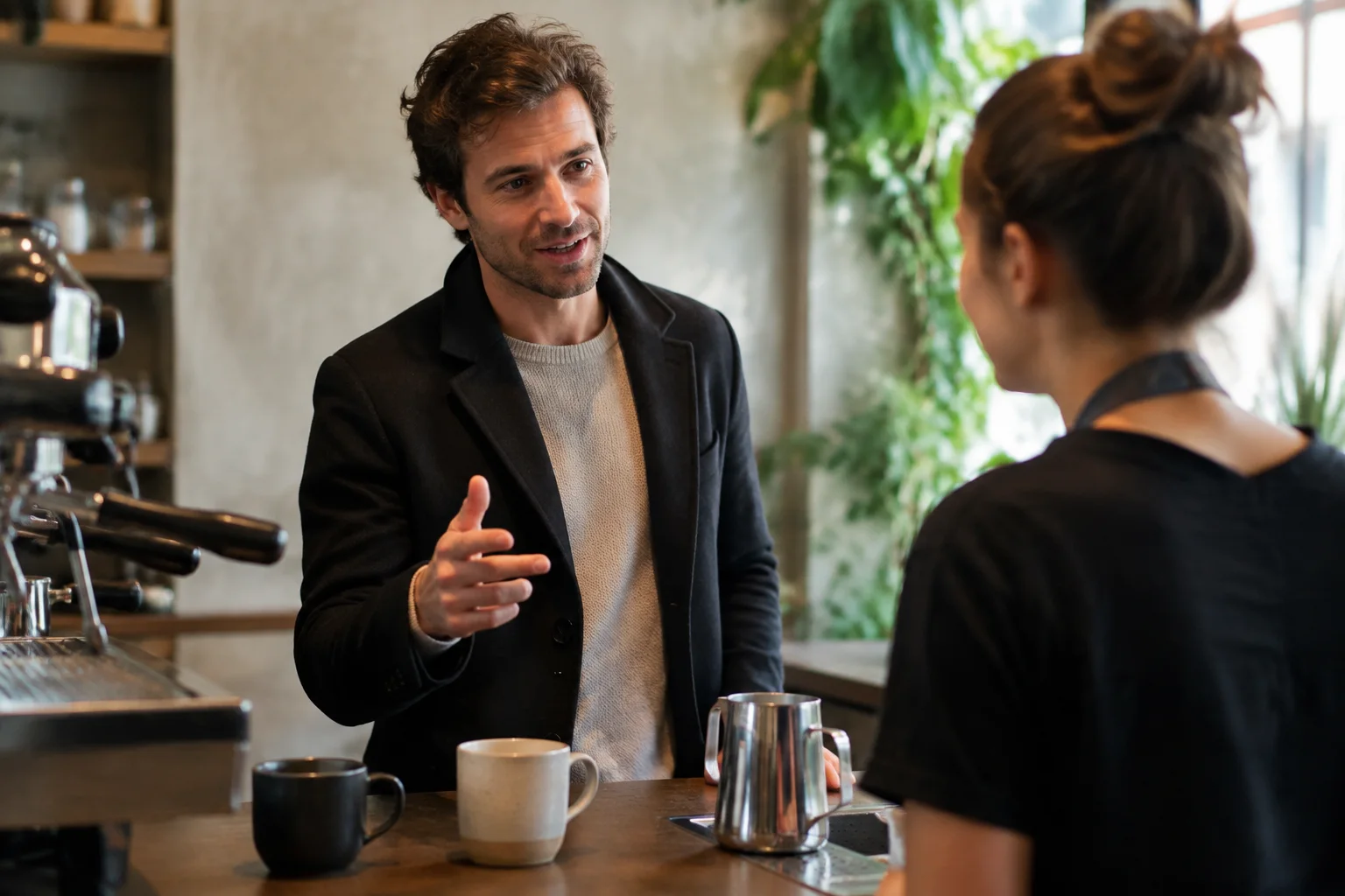 A customer clarifying an order with a barista beside an espresso machine