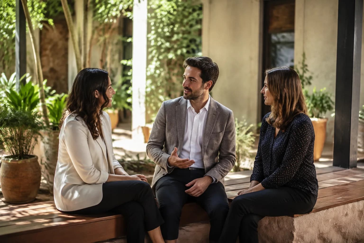 Three adults taking turns in a conversation on a shaded terrace