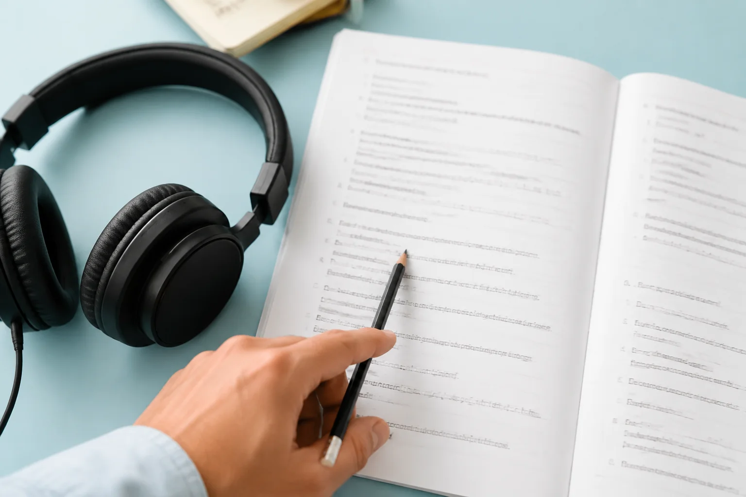 Headphones, an open workbook, and a pencil marking one line