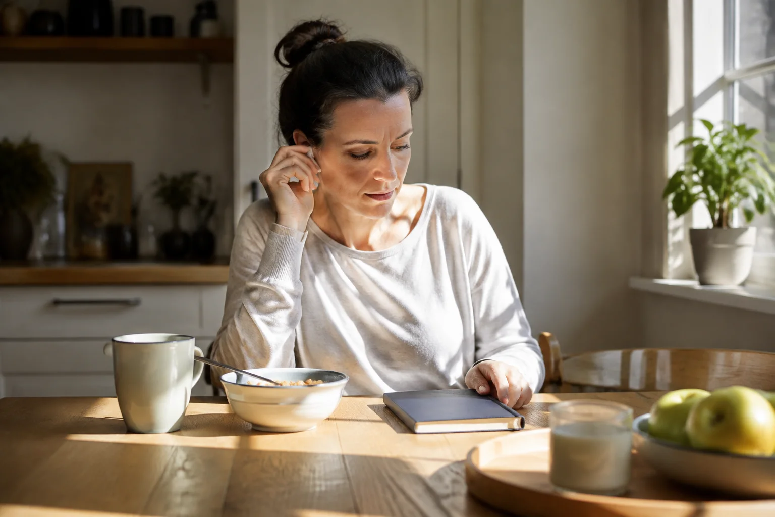 A learner adjusting an earbud at a breakfast table