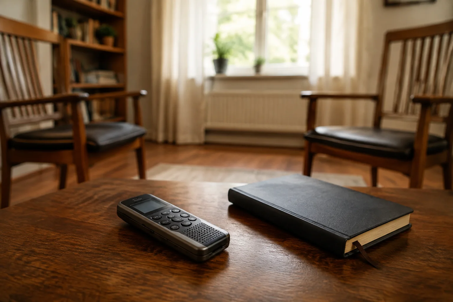 A small audio recorder and closed notebook on a wooden table