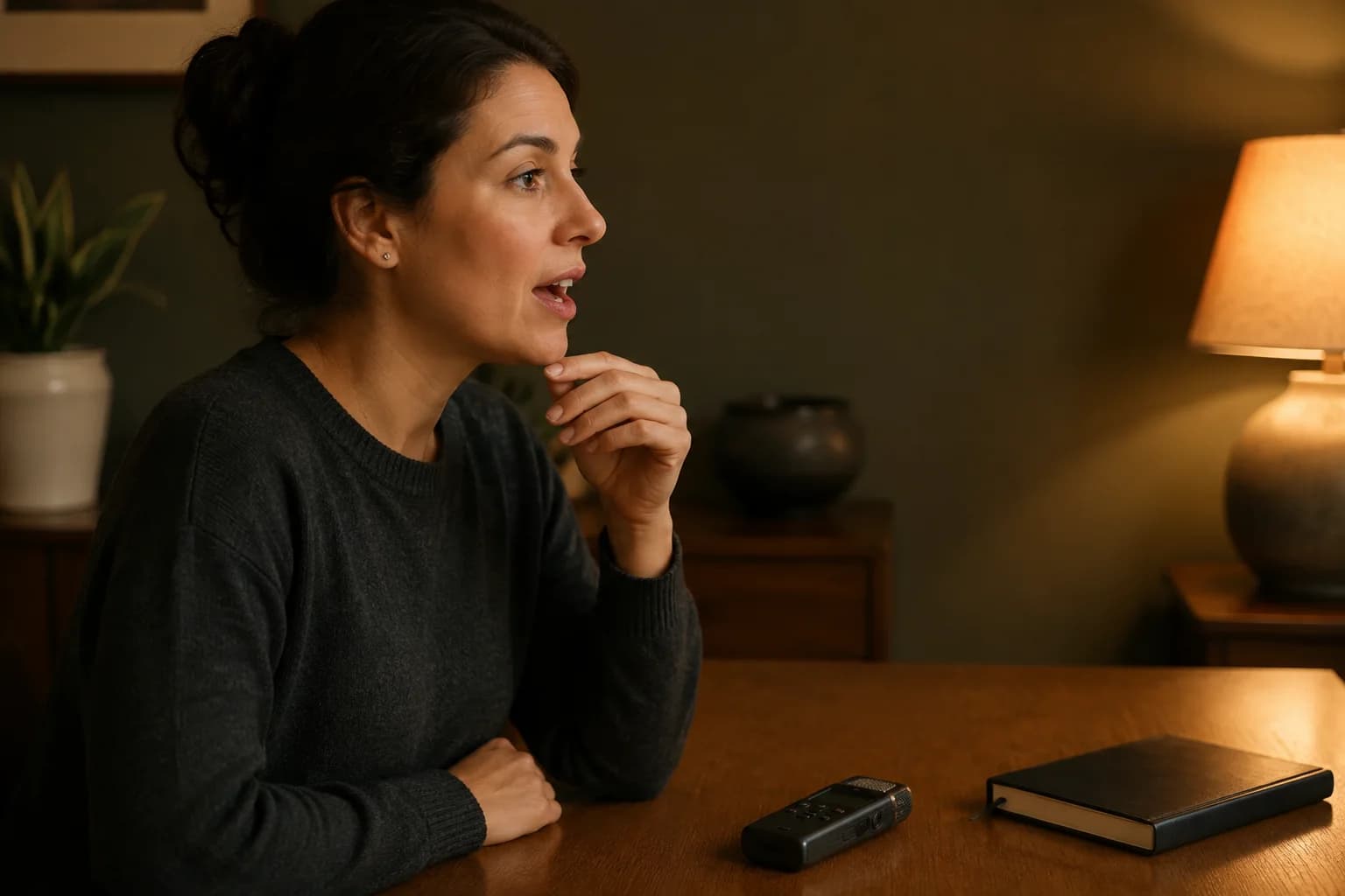 A learner rehearses a spoken reply beside a voice recorder and notebook