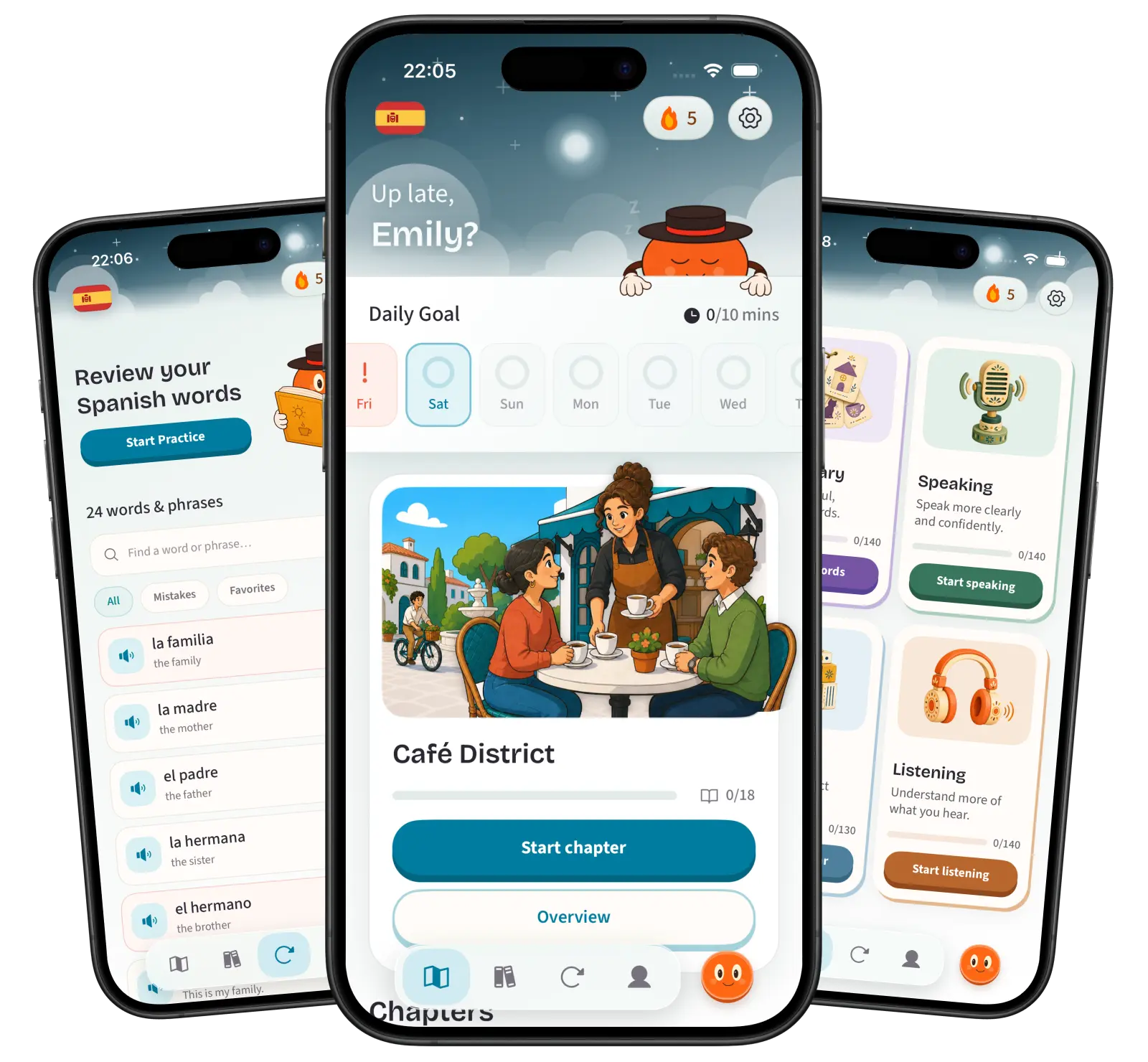 Yapkin on iPhone showing Journey lessons, vocabulary review, and speaking and listening practice