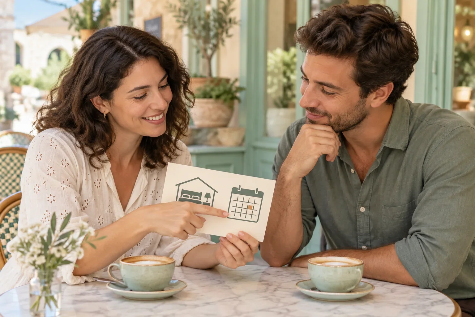 Two learners compare a hotel and calendar picture card during a booking exercise