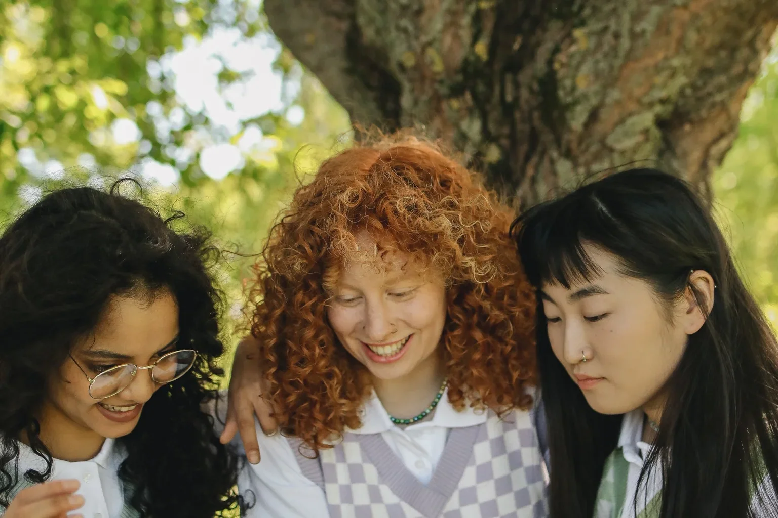 Three friends looking at a smartphone beside a tree.