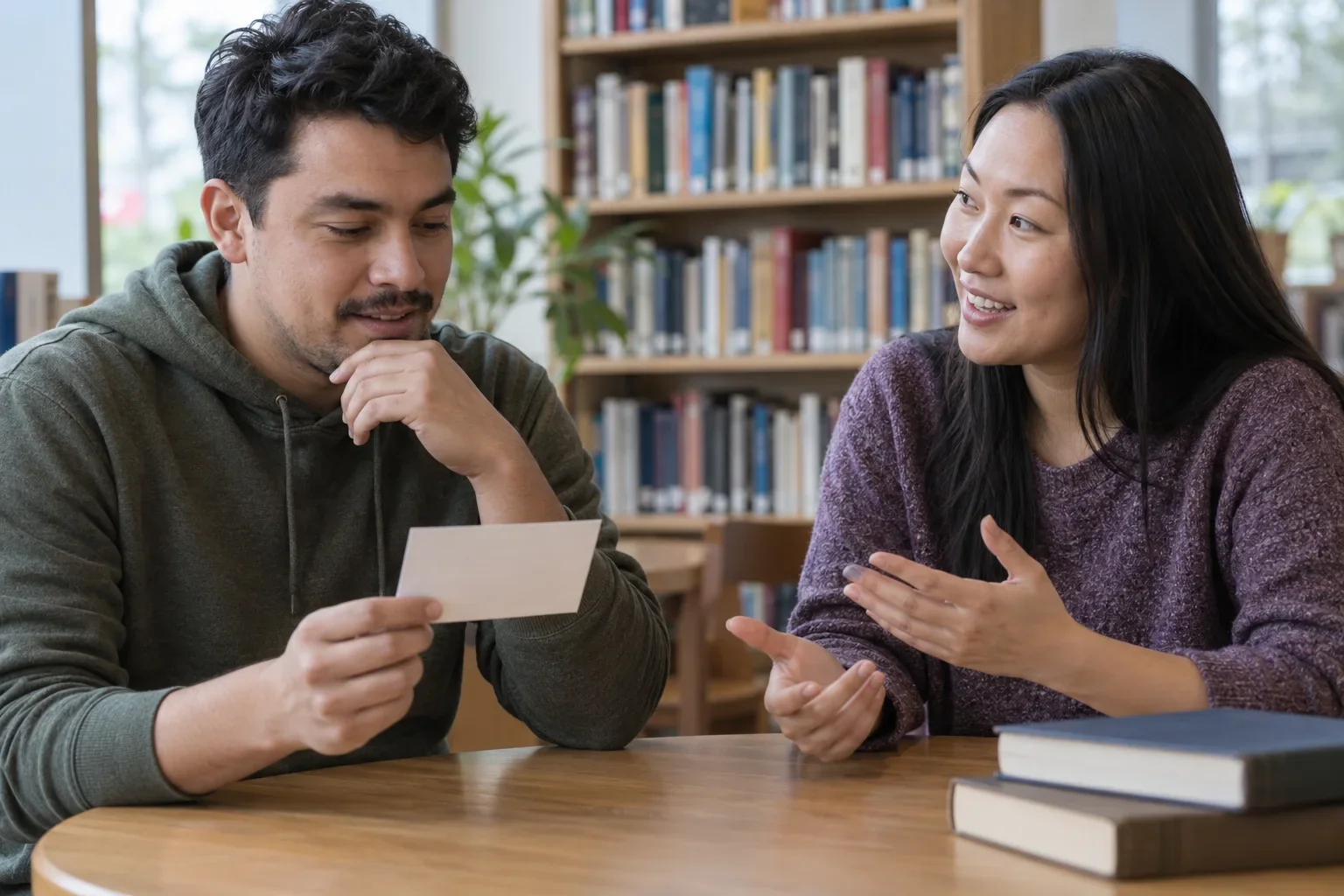 One learner holds a blank practice card while another speaks across a library table