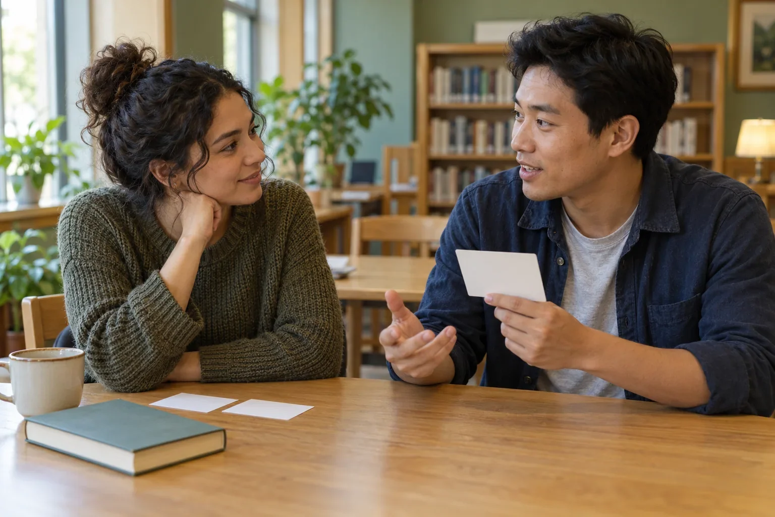 Two language partners practicing a spoken reply with blank index cards