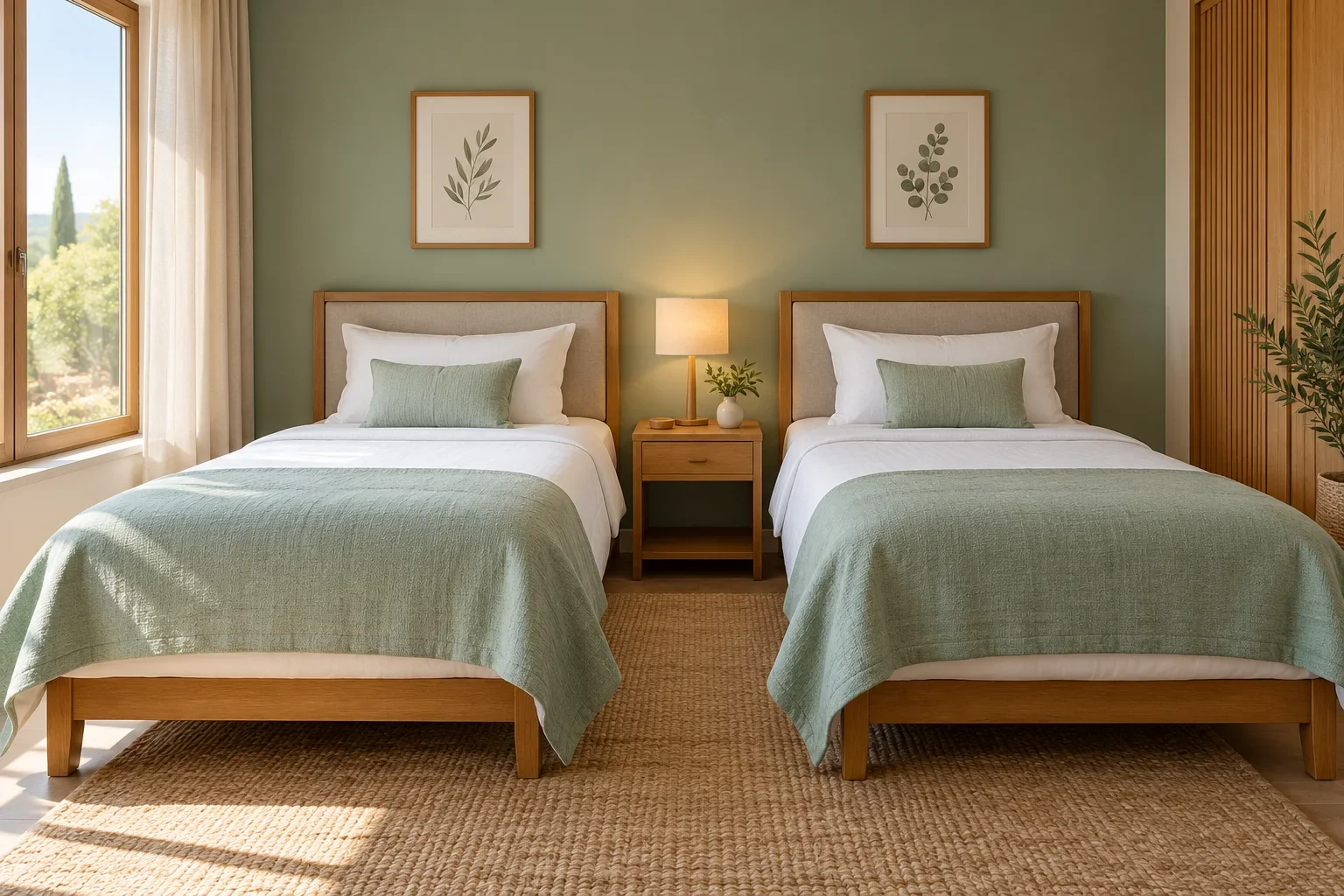 Two separate single beds with a bedside table and a visible gap between them