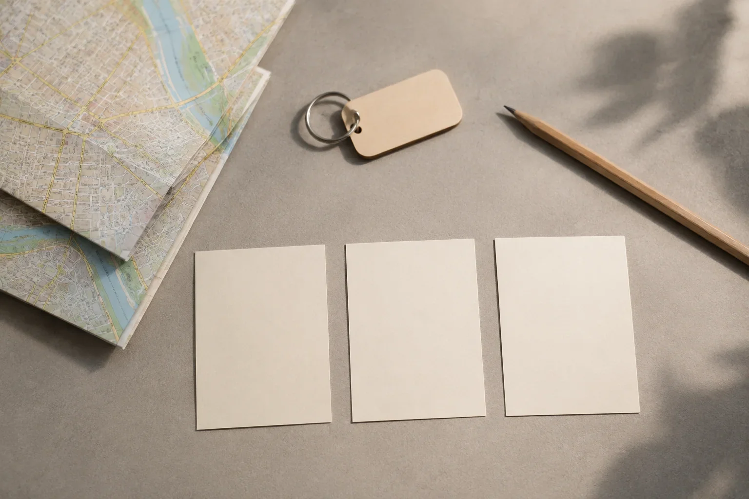 A room key, map, pencil, and three blank cards arranged on a desk
