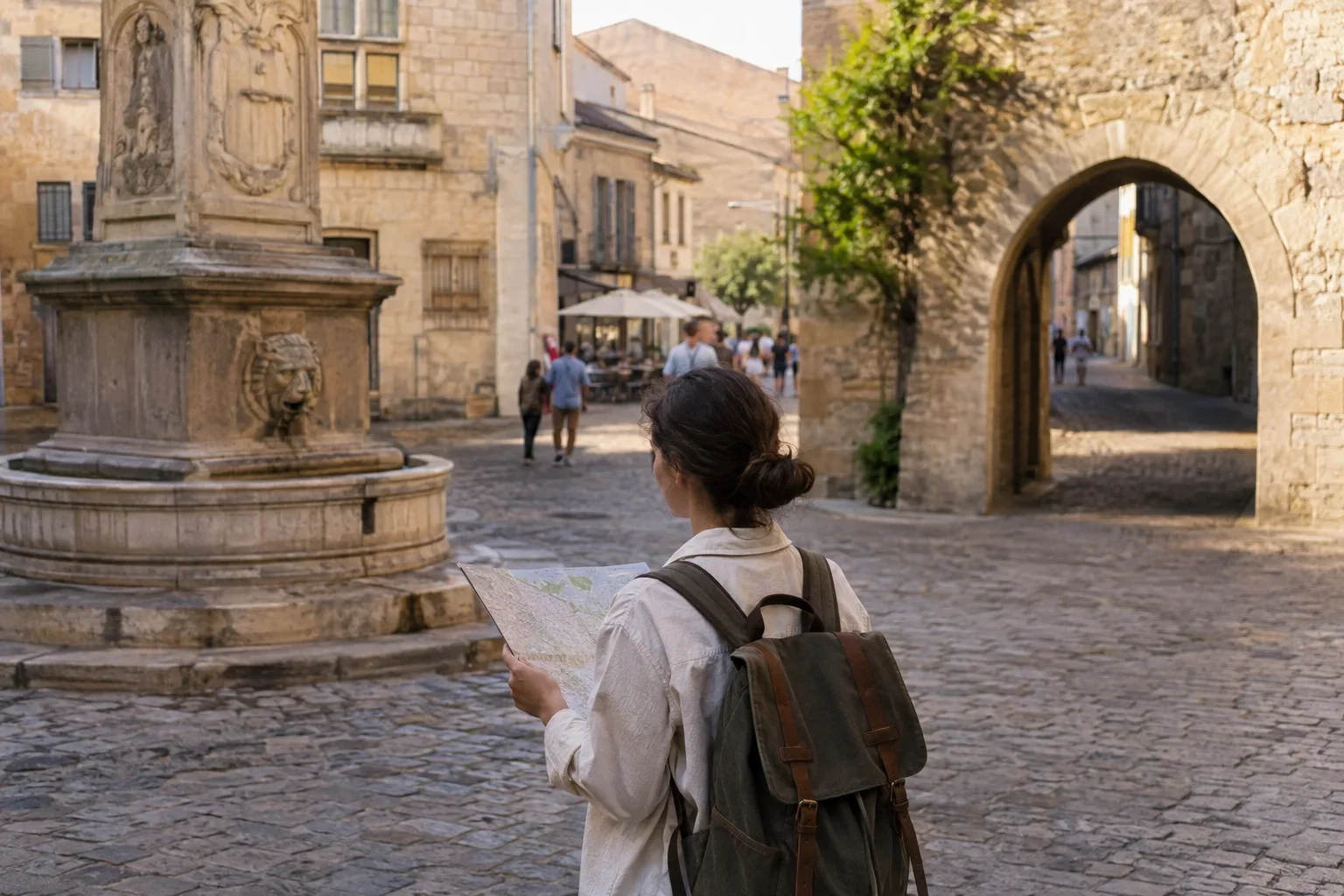 A traveler looking toward a stone fountain and an archway while holding a map