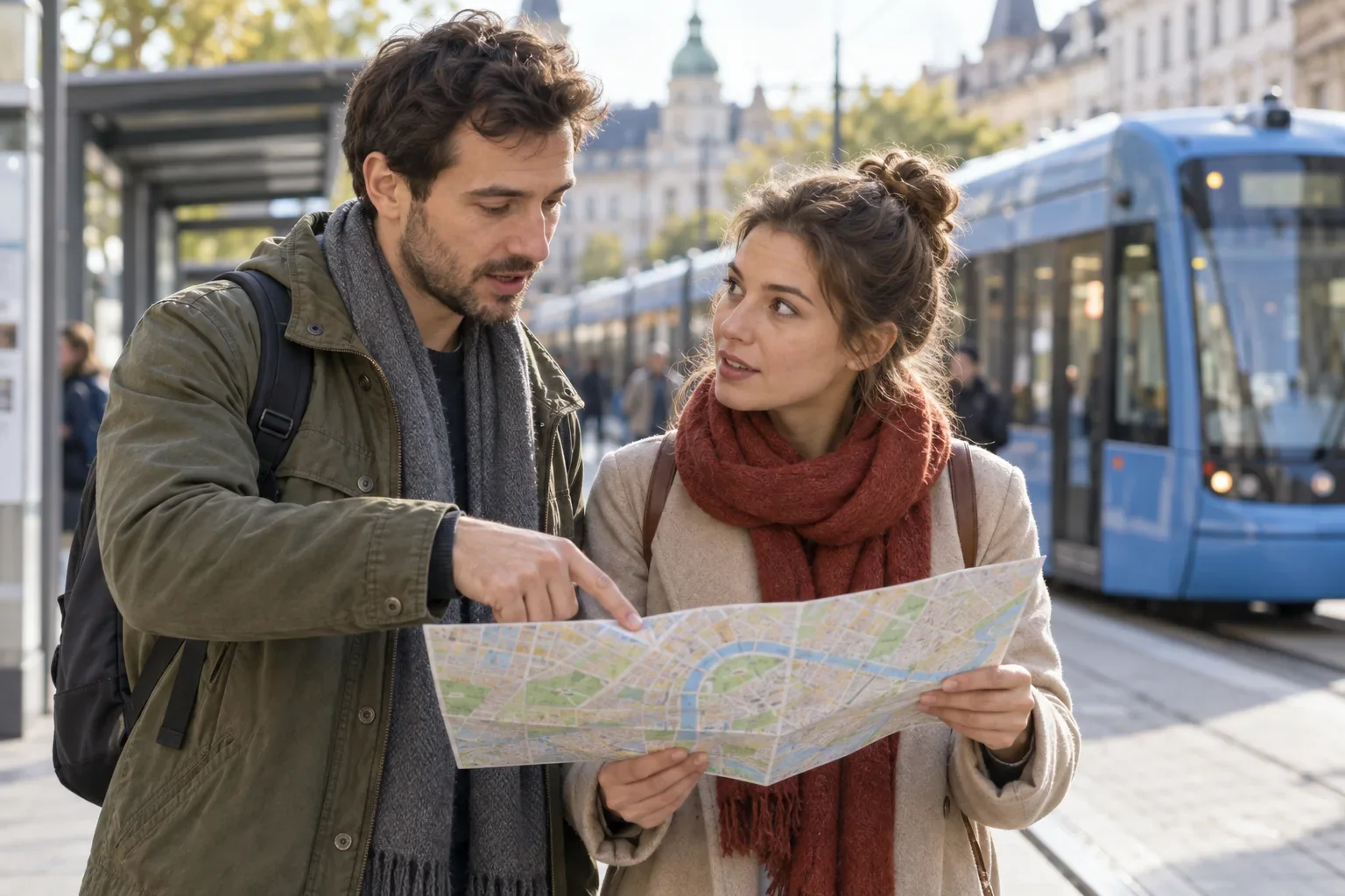 Two travelers compare a destination on a paper map beside a tram stop