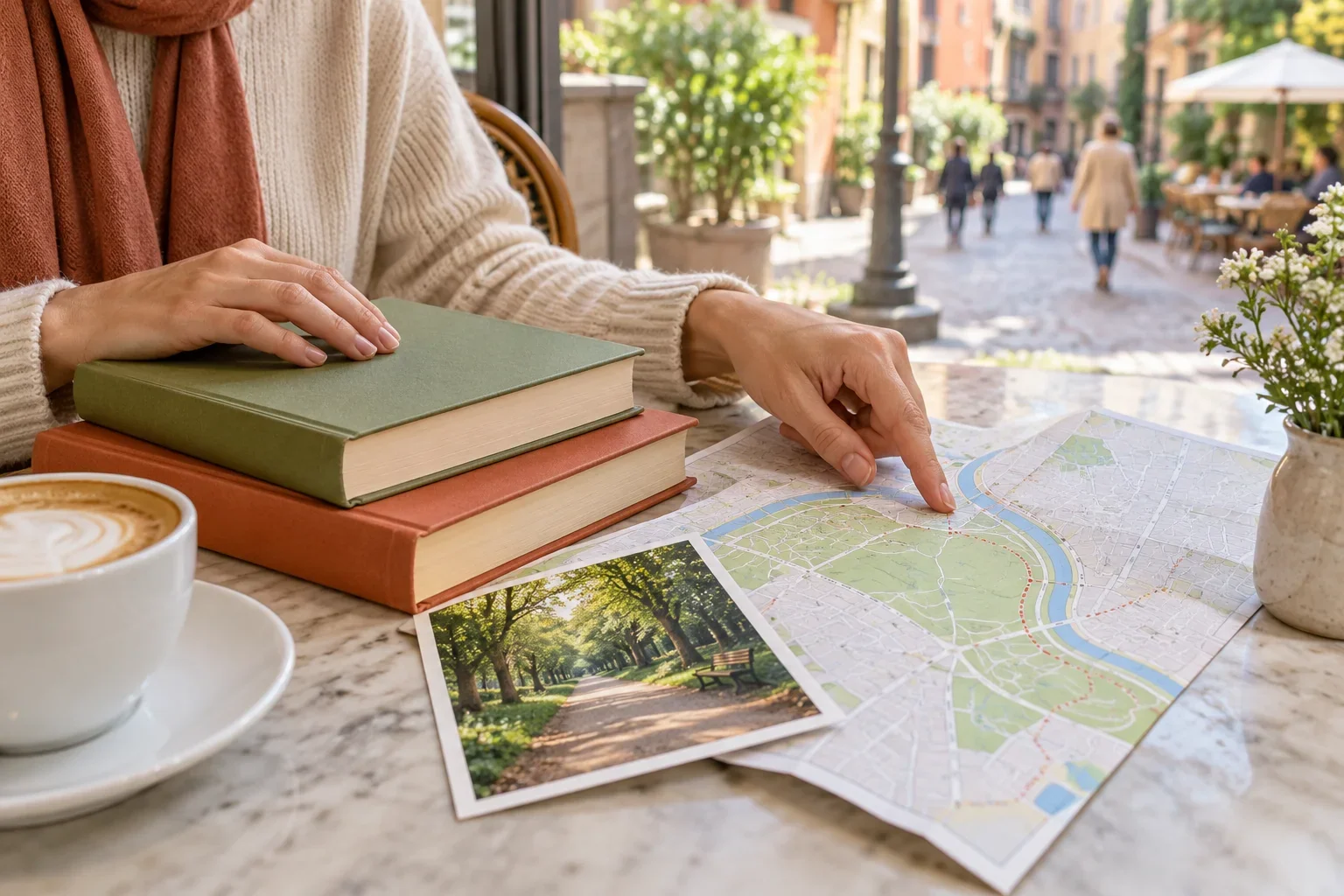 Two closed books beside a walking map and a picture of a park path