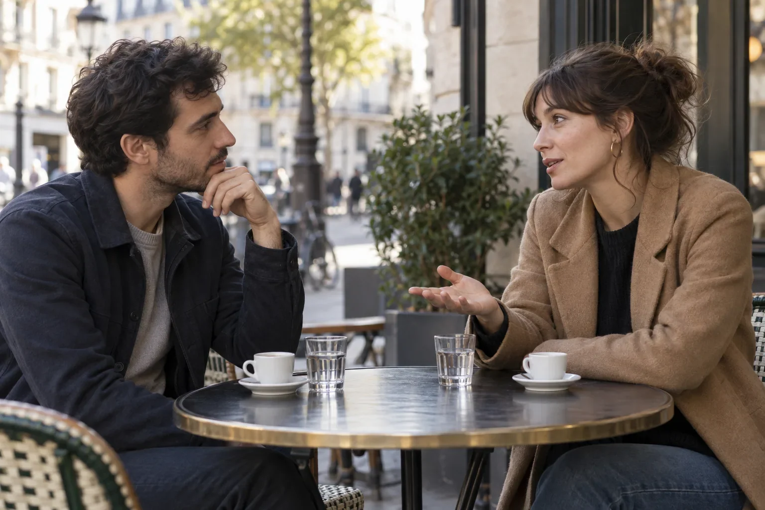 Two friends talk across a cafe table as one gestures with an open hand