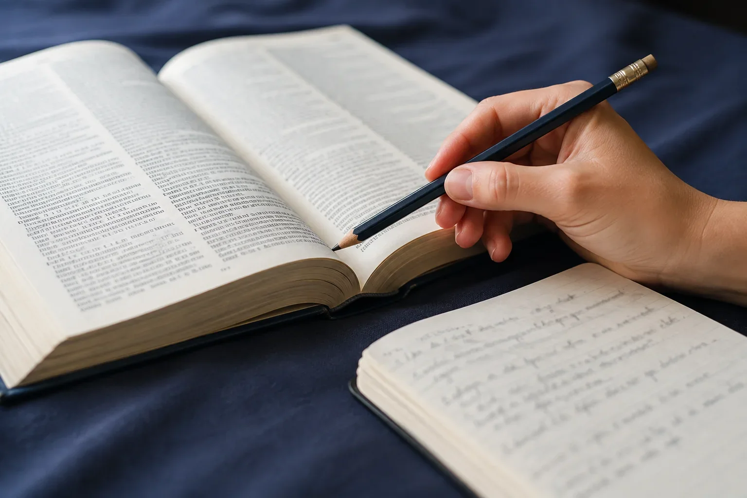 A learner consulting an open reference book beside a notebook