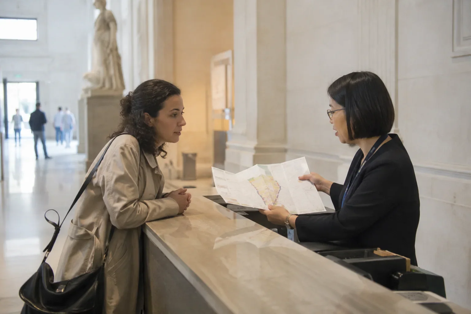 A visitor listens to a museum employee explaining a floor plan