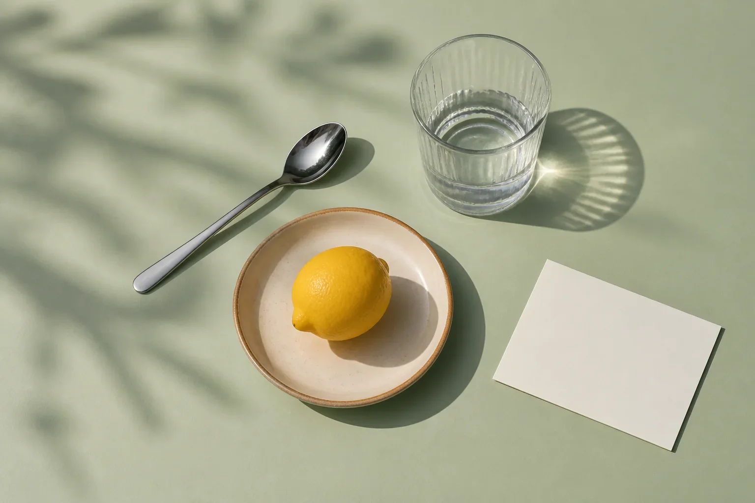 A lemon, glass of water, spoon, and blank card on a pale green table