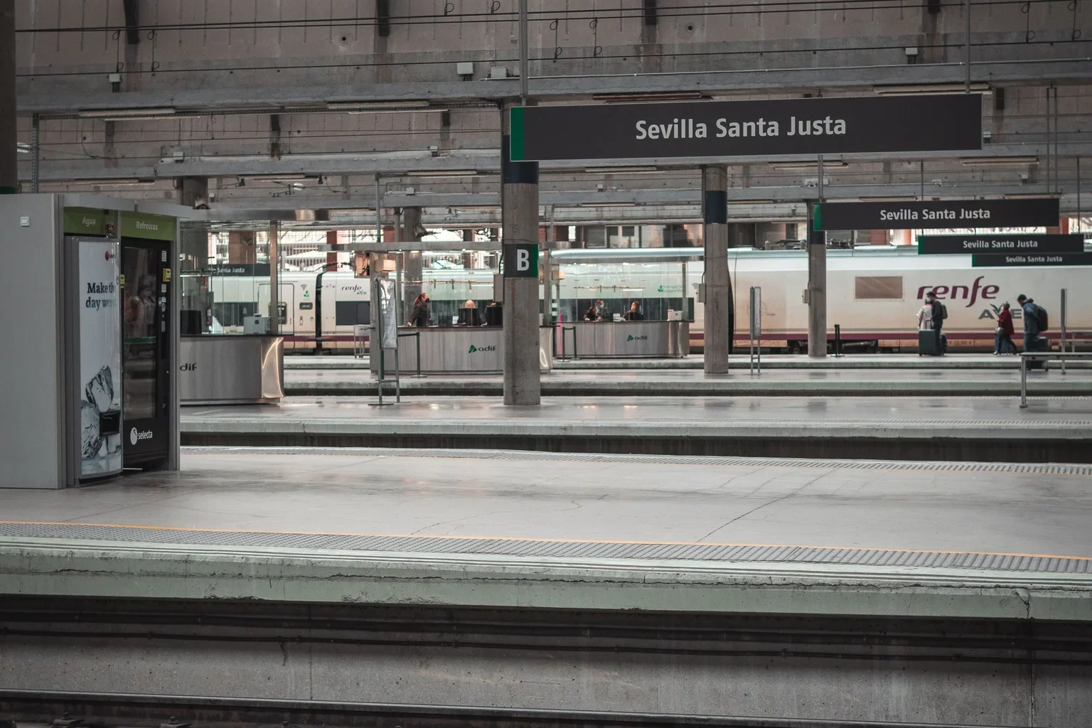 Tracks and platforms inside Sevilla Santa Justa station.