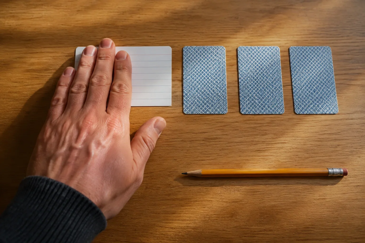 A learner covering an answer card beside several face-down review cards