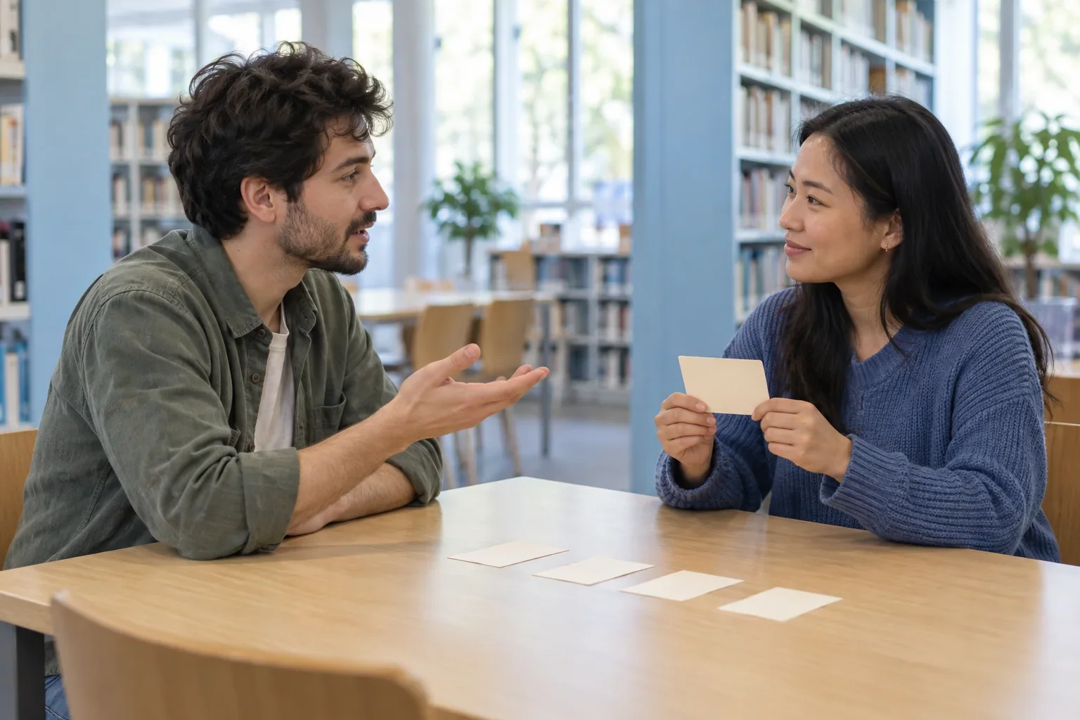 Two language partners practice questions with plain answer cards at a library table