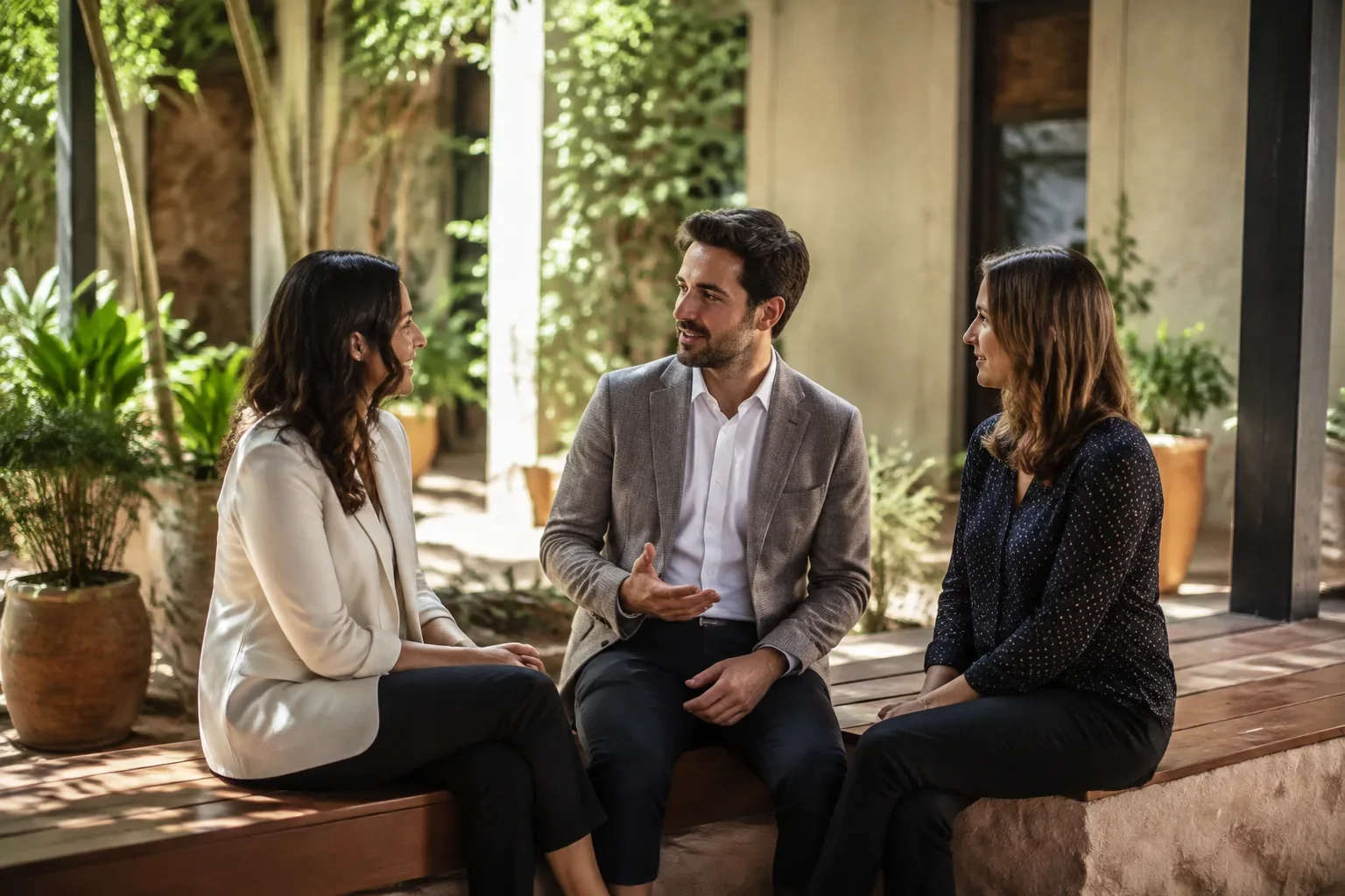 Three adults taking turns in a conversation on a shaded terrace