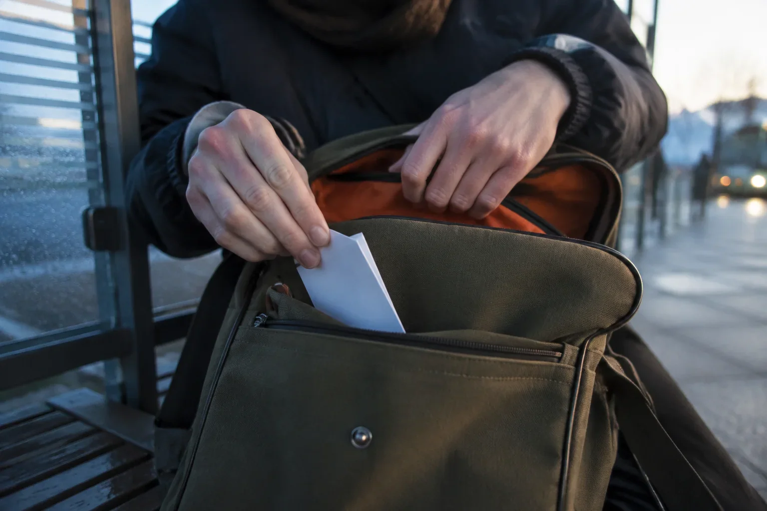 A learner placing a small review card into a bag beside a bus stop